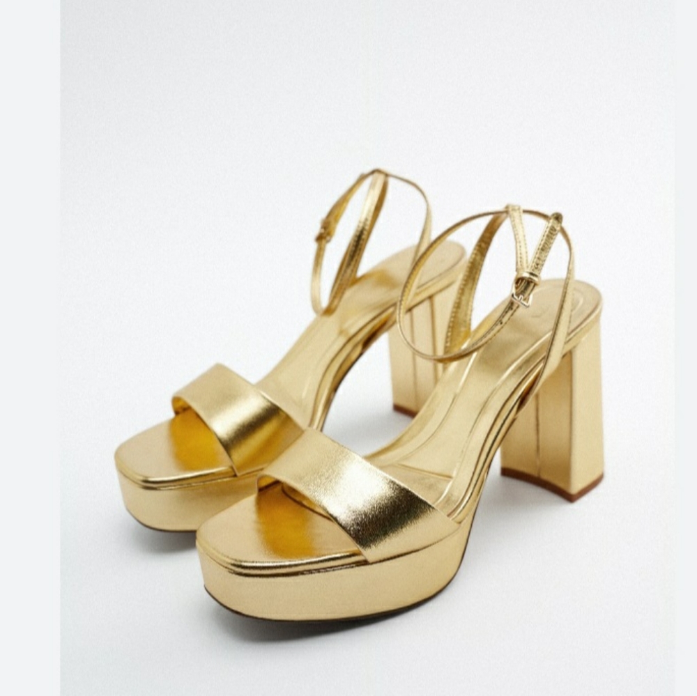 Zara Gold Metallic Block Heel Platform Sandals